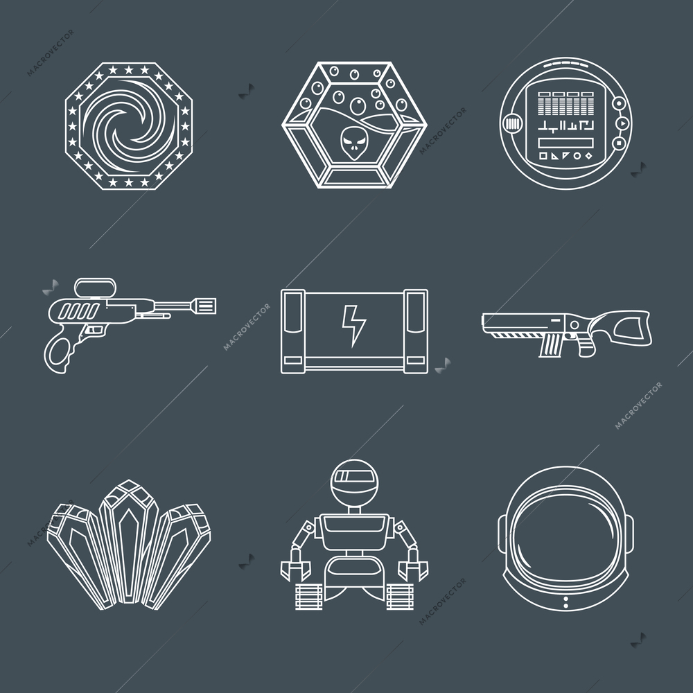 Space computer mobile phone game play elements outline icons set isolated vector illustration