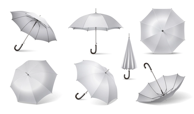 White realistic umbrella icon set with arrangement top side view bottom opened and closed vector illustration