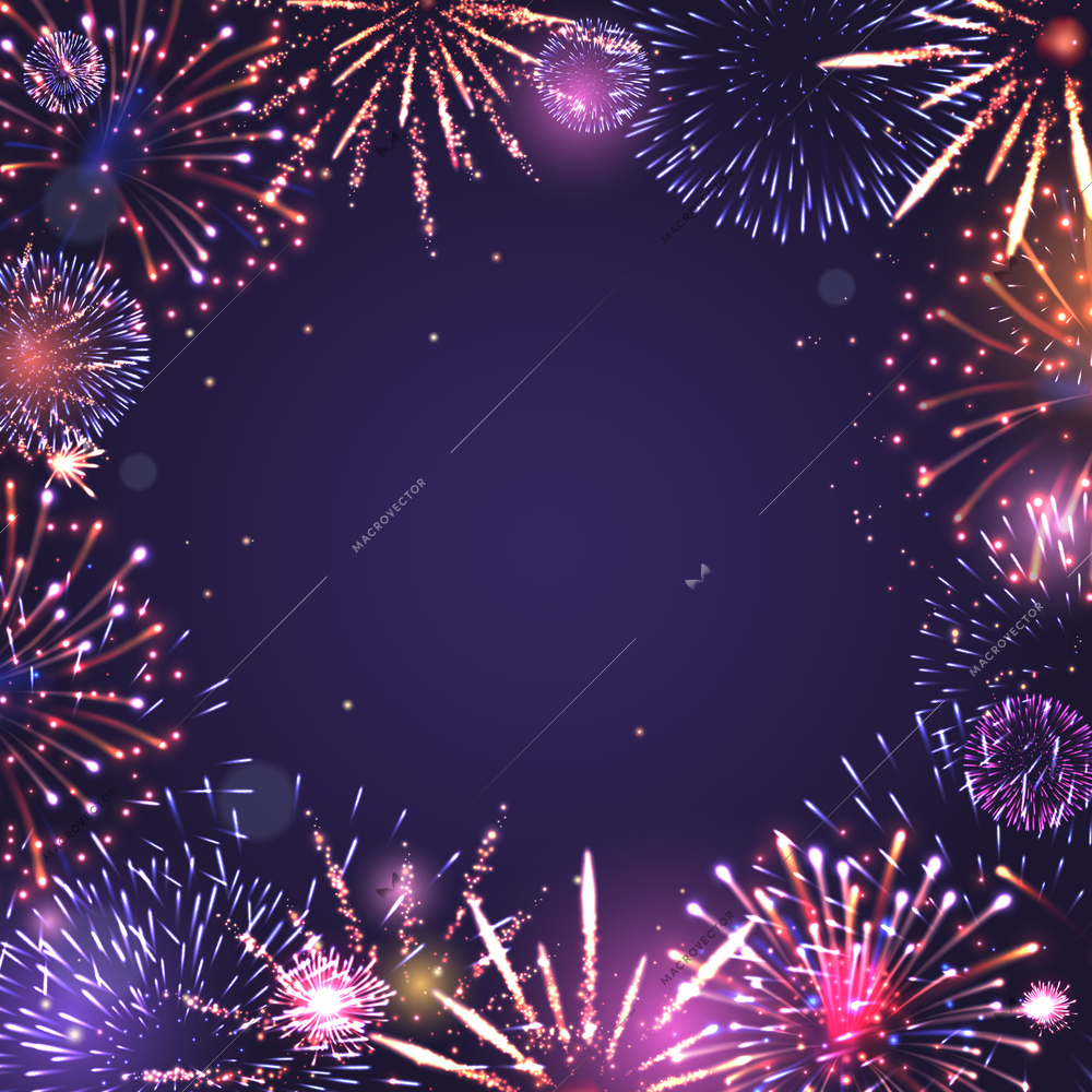 Firework animation realistic frame with fun and joy symbols vector illustration