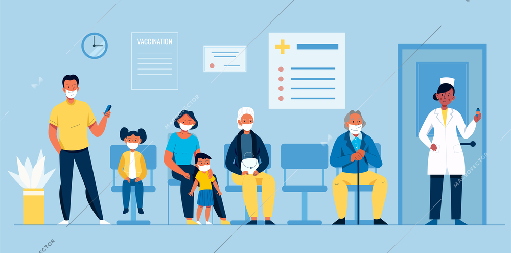 Vaccination flat background with people in medical masks waiting for their turn in doctors office vector illustration