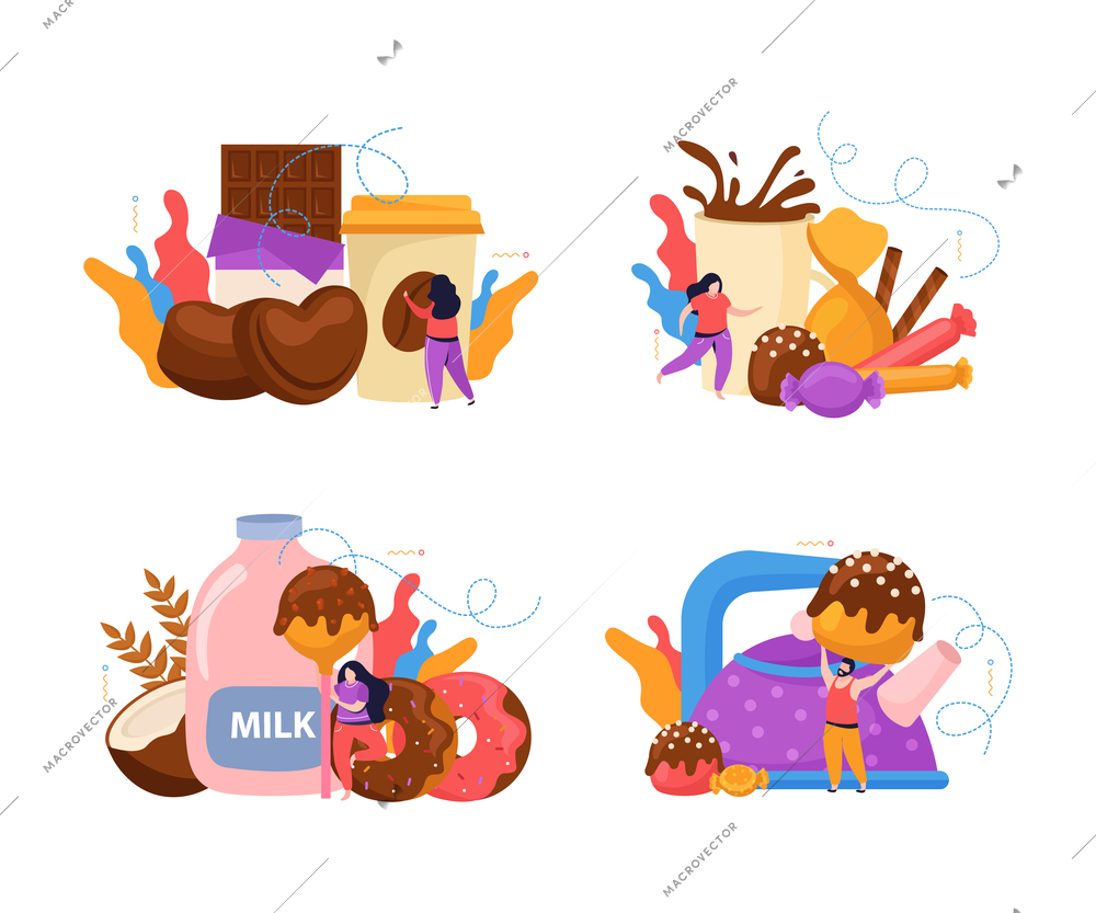 Four compositions set with chocolate desserts hot and cold drinks and human characters flat isolated vector illustration