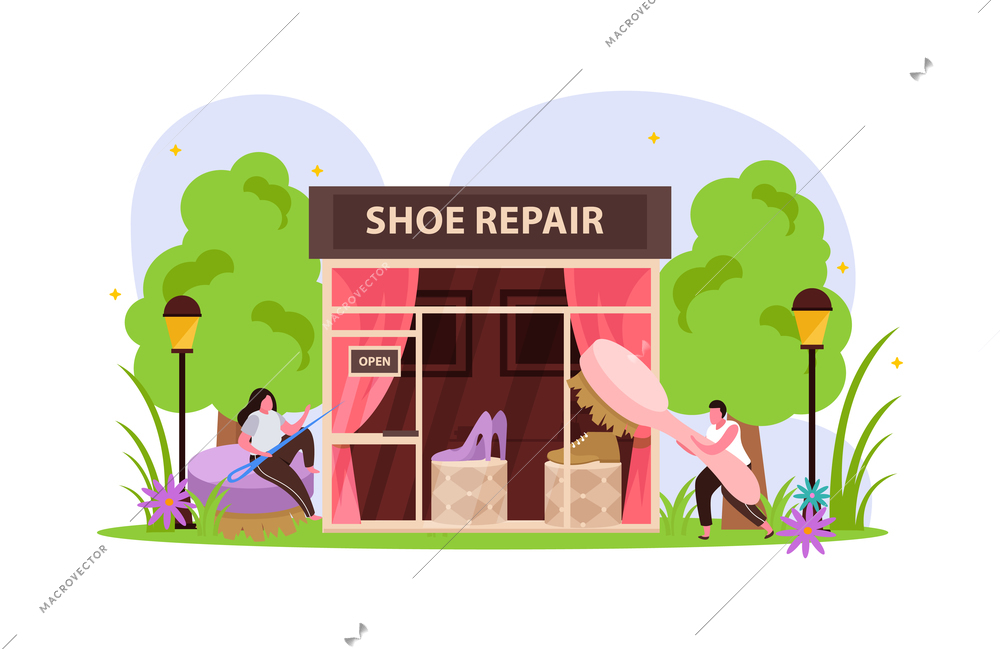 Shoes repair building with display and characters of shoemakers holding brush and needle flat vector illustration