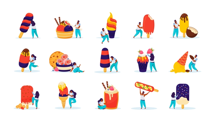 Human characters with colorful ice cream scoops pops bars cones flat set isolated vector illustration