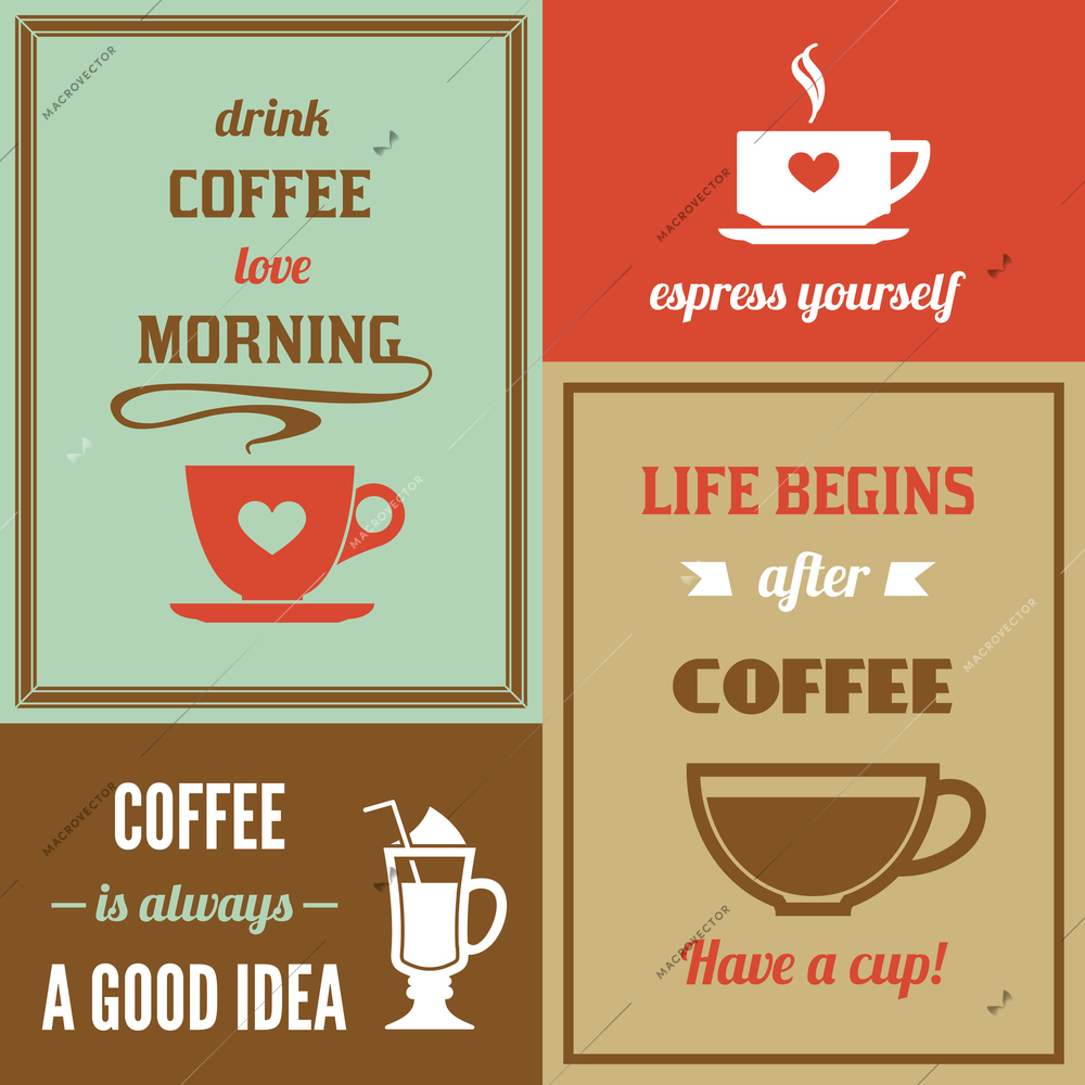 Coffee mini poster set with cups and saucers isolated vector illustration