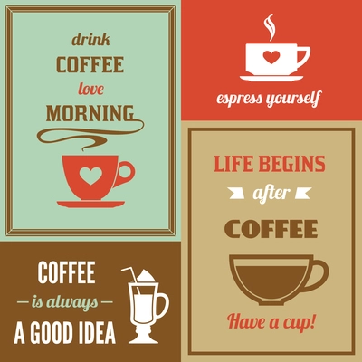 Coffee mini poster set with cups and saucers isolated vector illustration