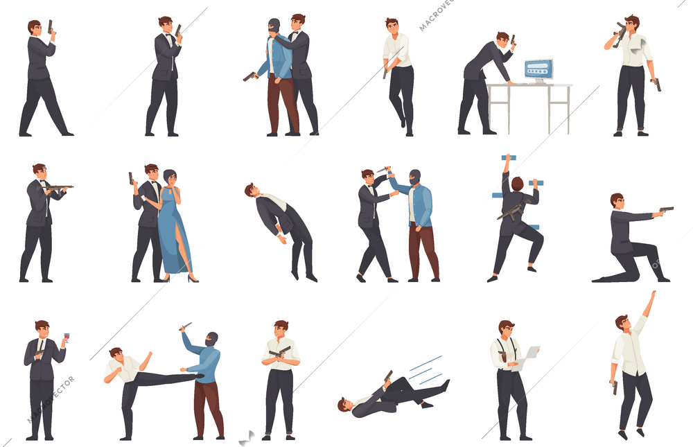 Cinema flat set of famous actors playing hero and doublers making stunts for thriller isolated vector illustration