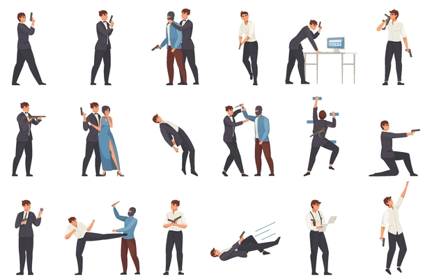 Cinema flat set of famous actors playing hero and doublers making stunts for thriller isolated vector illustration