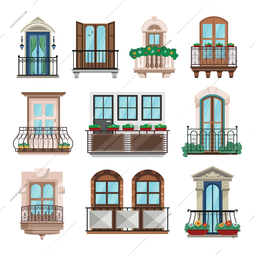 Glazed balcony and bay windows set in a classic style flat vector illustration