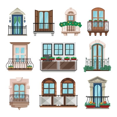 Glazed balcony and bay windows set in a classic style flat vector illustration