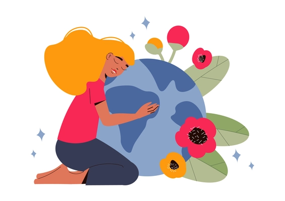 World environment day flat colored composition with girl affectionately embracing globe vector illustration