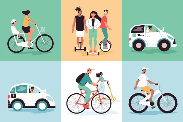 Eco transport design concept set of six square icons with people riding bikes skateboards and electric cars vector illustration