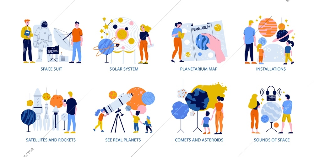 Planetarium flat color isolated compositions including satellites rockets comets asteroids solar system vector illustration