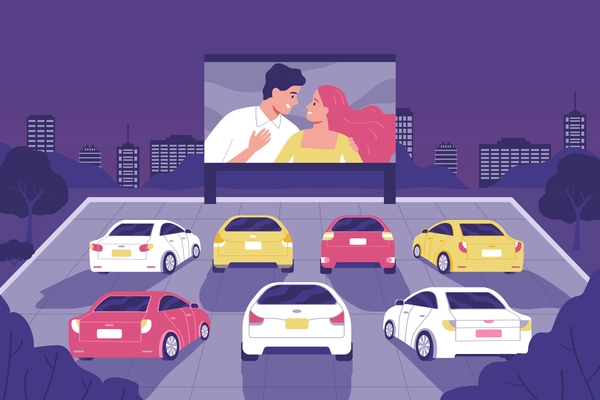 People sit in cars and watch movies in an open air cinema flat vector illustration