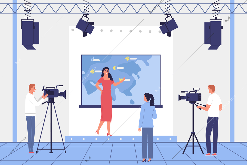 Film crew shooting a woman broadcasting a weather forecast flat vector illustration