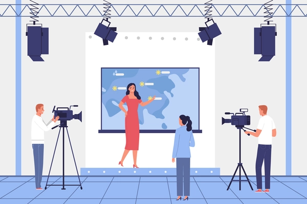 Film crew shooting a woman broadcasting a weather forecast flat vector illustration