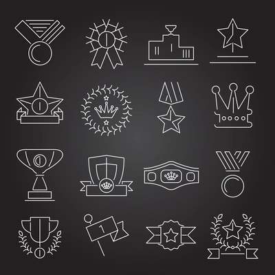 Award icons outline set of flag victory star competition reward isolated vector illustration