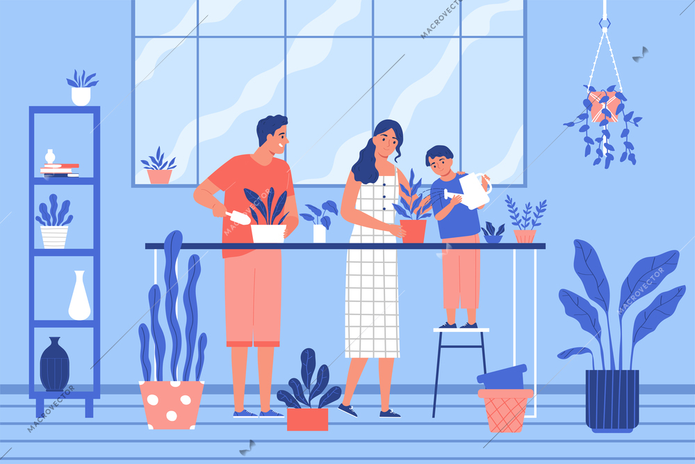 A family of three looks after a rich collection of indoor plants flat vector illustration