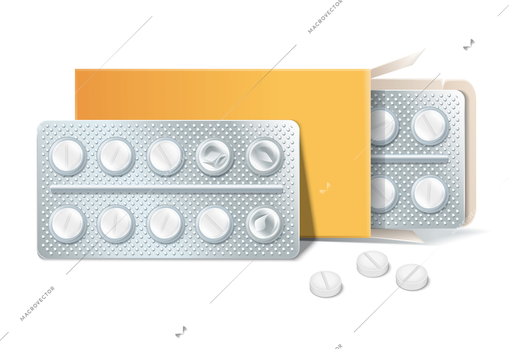 Pills tablets capsules blister realistic colored composition open package of medication with several tablets removed from blister vector illustration