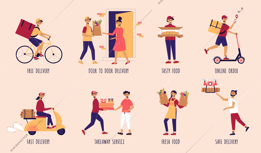 Food delivery composition set with free delivery door to door tasty food online order takeaway service and fresh food descriptions vector illustration