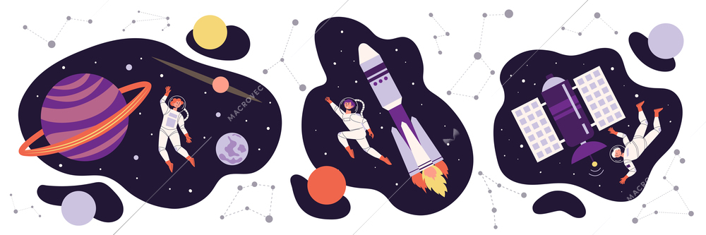 Astronomy space people design concept set man in weightlessness next to saturn next to rocket and space satellite vector illustration