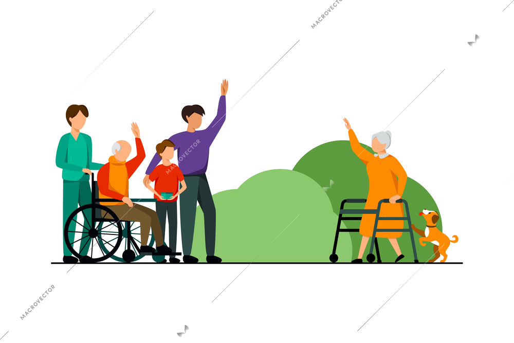 Nursing home characters concept an elderly woman greets visitors of her acquaintance vector illustration