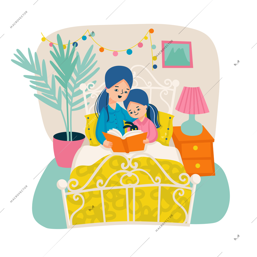 Mother and daughter reading composition with child bedroom scenery and mother reading out book to daughter vector illustration