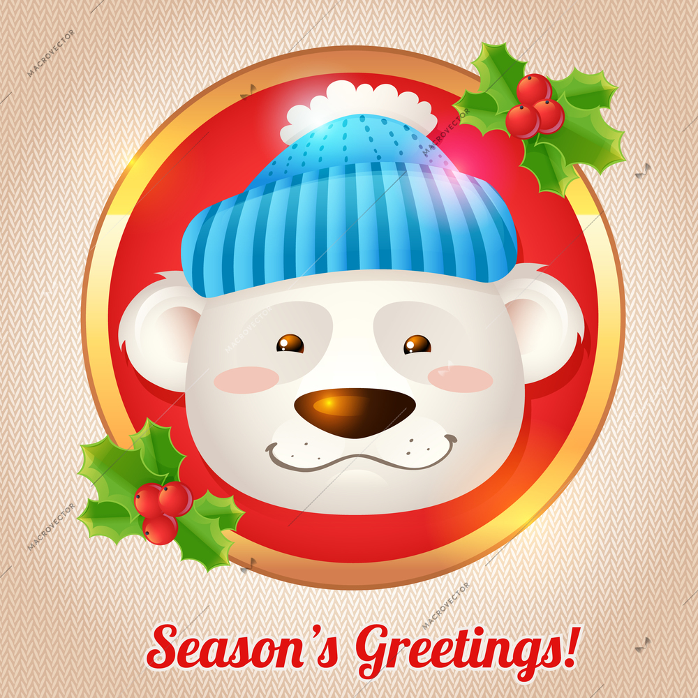 Merry christmas card with polar bear head portrait vector illustration