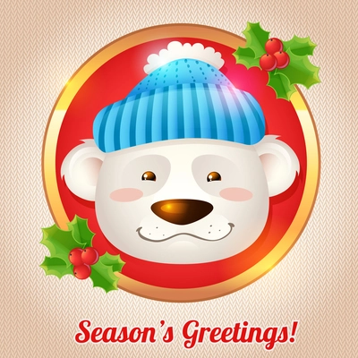 Merry christmas card with polar bear head portrait vector illustration