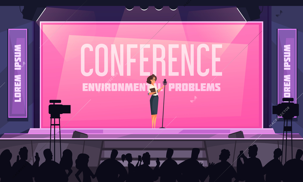 Conference hall poster with environmental problems  symbols flat vector illustration