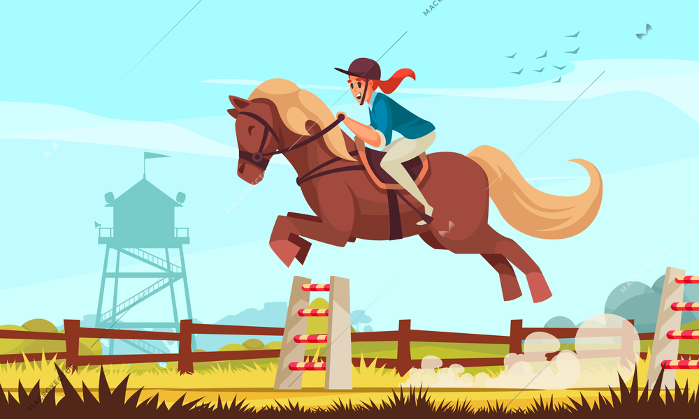 Horse rider background with sport and barrier symbols flat vector illustration