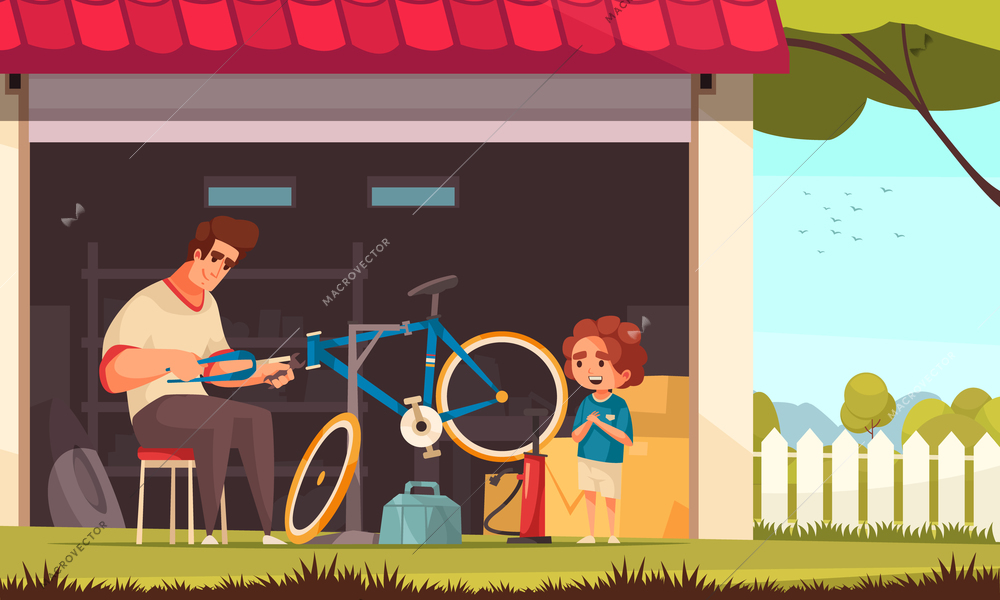 Cycle repair background with family activity symbols flat vector illustration