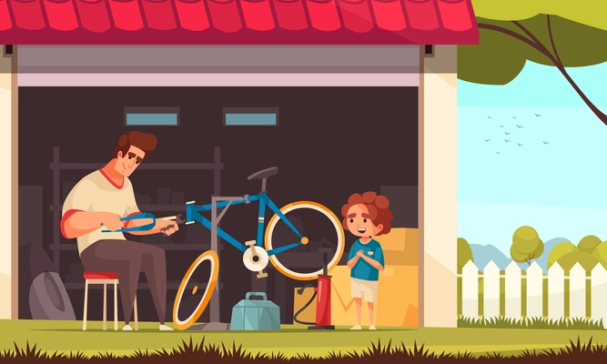 Cycle repair background with family activity symbols flat vector illustration