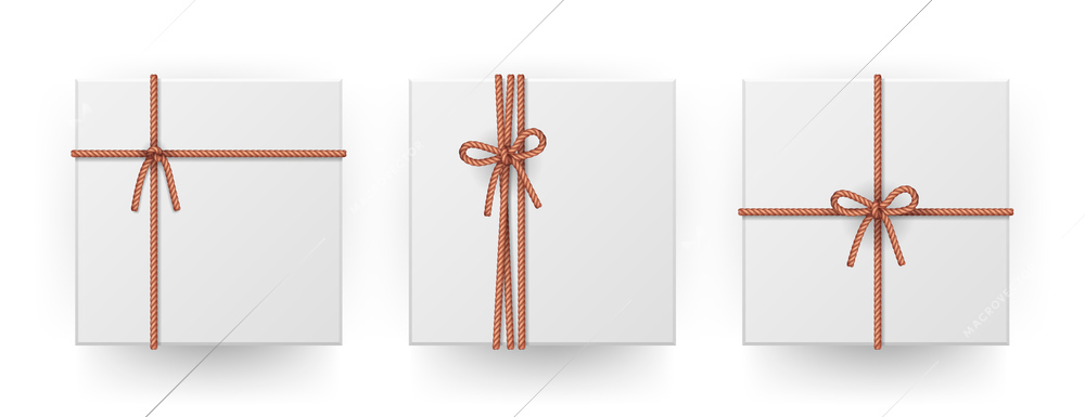 White square parcel package box tying up rope cord knots gifts wrapping ideas realistic set vector illustration