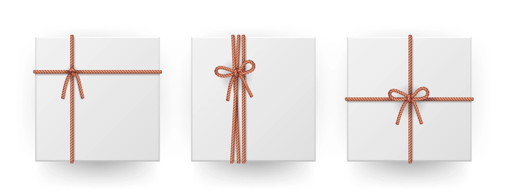 White square parcel package box tying up rope cord knots gifts wrapping ideas realistic set vector illustration