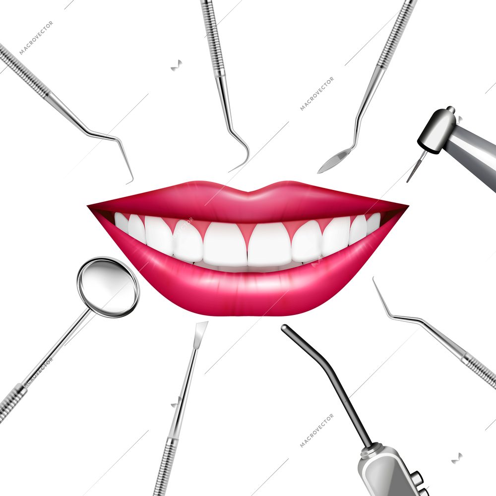 Stomatology dentist smile realistic composition with images of smiling human mouth surrounded by manual dental tools vector illustration