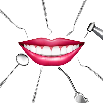 Stomatology dentist smile realistic composition with images of smiling human mouth surrounded by manual dental tools vector illustration