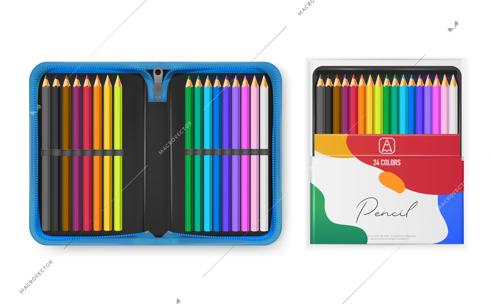 Realistic set with multi colored pencils in open blue case and cardboard box isolated vector illustration
