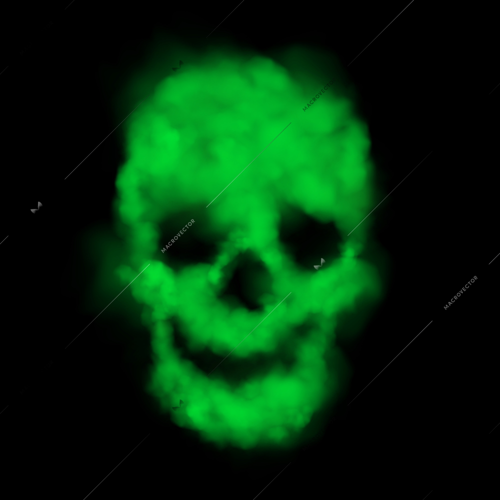 Human skull shaped green toxic smoke on black background realistic vector illustration