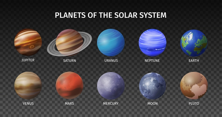 Realistic space planet transparent icon set with planet of the solar system and transparent background vector illustration