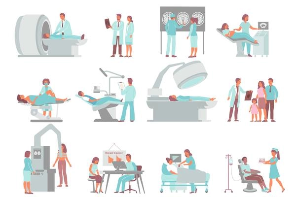 Medical diagnostic people equipment set of flat icons and isolated images of medical apparatus with people vector illustration