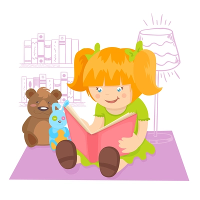 Girl reading book indoors with toys on background poster vector illustration