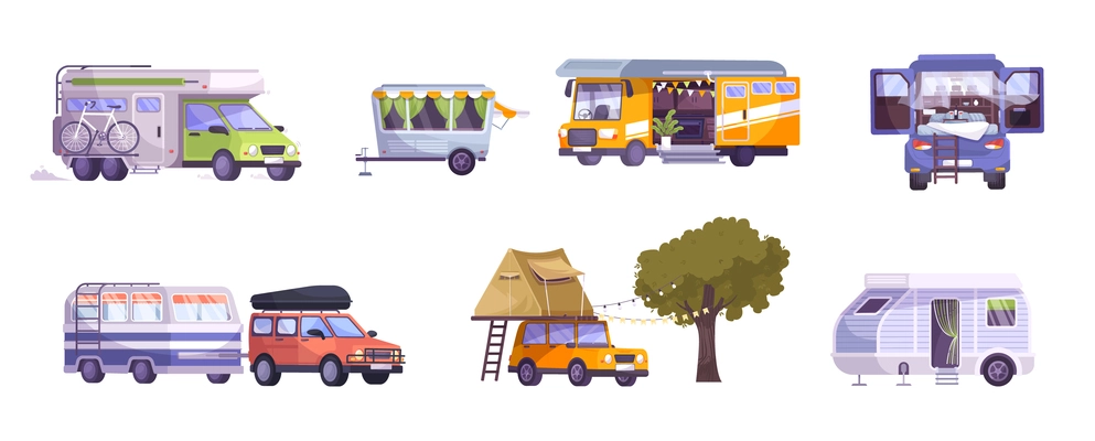 Camping trailer car caravan motor home with equipment for outdoor vacation flat set isolated vector illustration