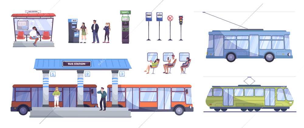 Public transport flat icons set with trolleybus tram people at bus stop travelling buying tickets isolated vector illustration