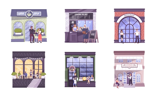 Flat set of six cafe and restaurant facades with signs windows characters of customers and waiters isolated vector illustration