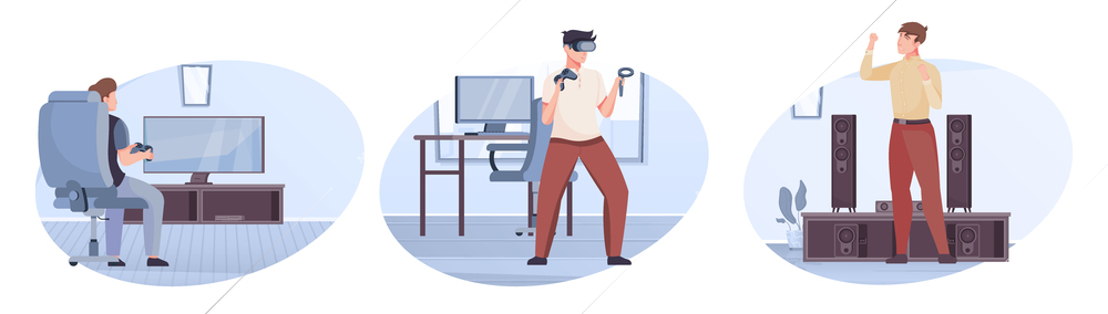 Home electronic compositions set of people looking tv listening music entertaining by virtual reality glasses vector illustration