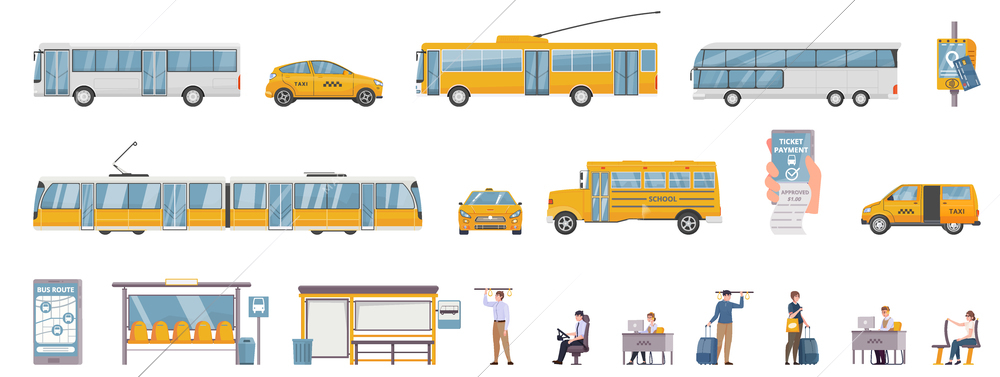 Public land transport flat set of bus train tram yellow taxi school bus city bus stop elements isolated vector illustration