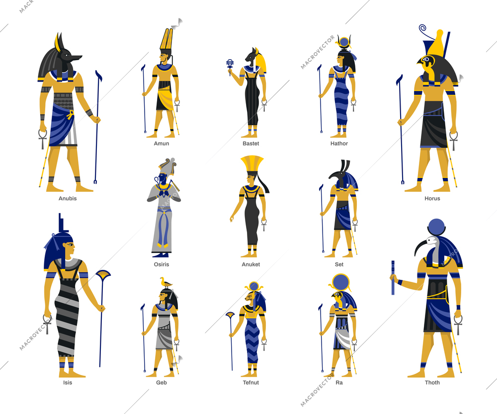 Egyptian ancient gods deities anubis horus thoth isis amun black blue yellow figures set isolated vector illustration