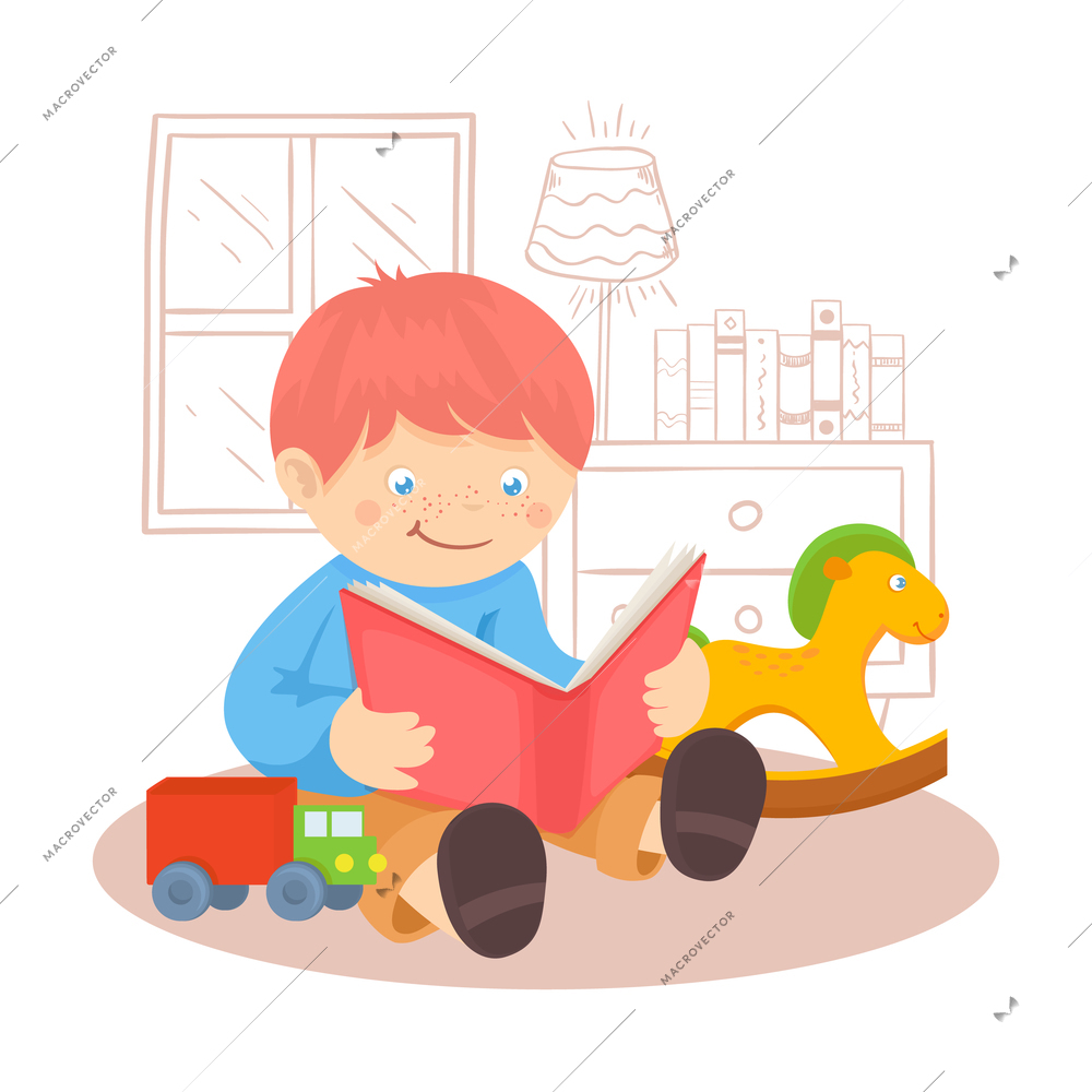 Redhead boy reading book indoors with toys and window on background poster vector illustration