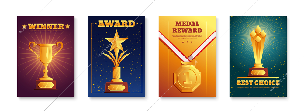 Custom design winners awards cups trophies sport achievements medals 4 realistic colorful backgrounds posters set vector illustration