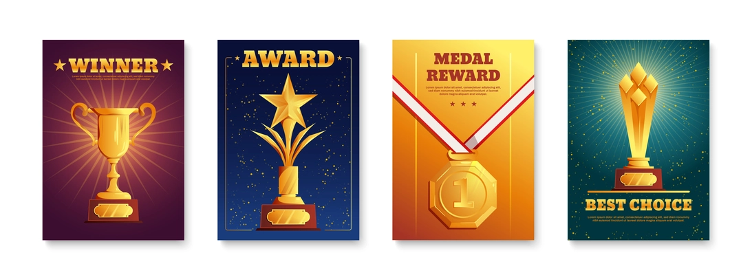 Custom design winners awards cups trophies sport achievements medals 4 realistic colorful backgrounds posters set vector illustration